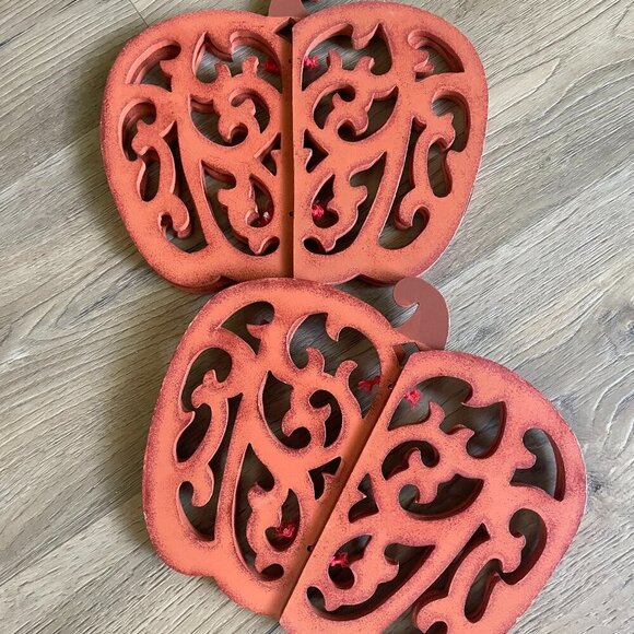 3D Wooden Cut-Out Orange Pumpkin Decor Folds for Easy Storage Set of 2 8" x 7" - Picture 1 of 4